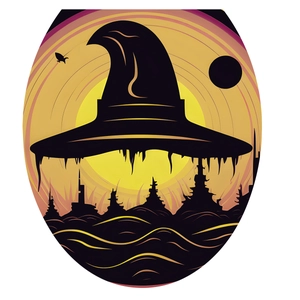 Halloween toilet lid sticker featuring a witch hat silhouette and a spooky sunset scene