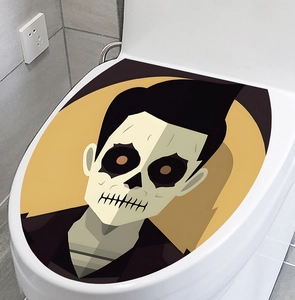 Waterproof Halloween toilet lid decal featuring a cartoon skeleton character design