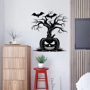 Halloween wall sticker with pumpkin skull mask and creepy dry tree silhouette for home decor