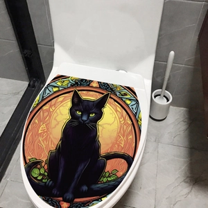Halloween Artistic Black Cat Toilet Lid Sticker Stained Glass Style Waterproof PVC Self Adhesive Bathroom Decal Home Decor