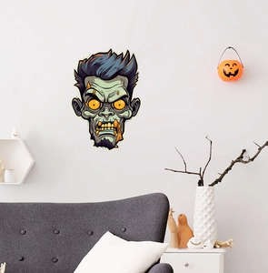 Detailed zombie wall sticker on white wall in a spooky Halloween home setting