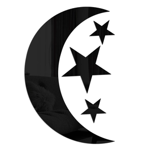 Detail view of black acrylic mirror wall stickers with stars and moon reflection