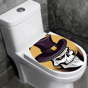 Waterproof skull with purple top hat decorative sticker on white ceramic toilet lid