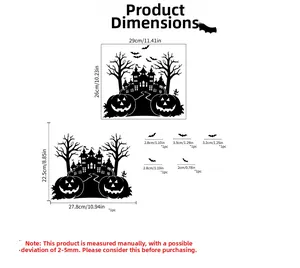 Detailed size chart for Halloween wall decals showing dimensions of castle and bat elements