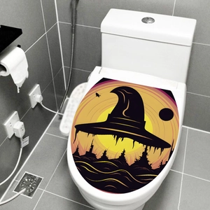 Halloween Witch Hat Toilet Lid Sticker Waterproof PVC Wizard Hat Moon Bats Silhouette Bathroom Decor Wall Decal For Party