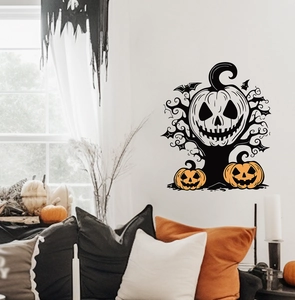 Detail of Halloween Jack O'Lantern wall sticker with bats and spooky tree decor