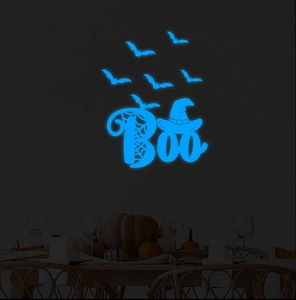 Luminous blue Boo sign with wizard hat and bats for Halloween wall decoration