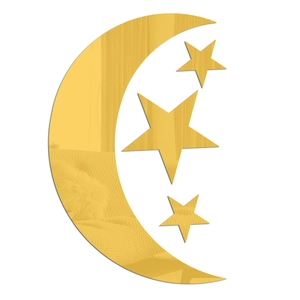 Detail of mirror gold acrylic moon and star wall stickers with reflective surface finish