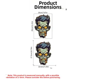 Detailed size chart showing large and small Halloween zombie stickers with measurements