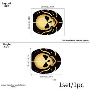 Technical dimensions of Halloween skull toilet sticker showing 35x30cm layout and fit