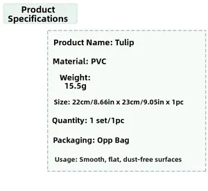 Detailed product specifications for tulip PVC toilet sticker size 22x23cm and 15.5g weight