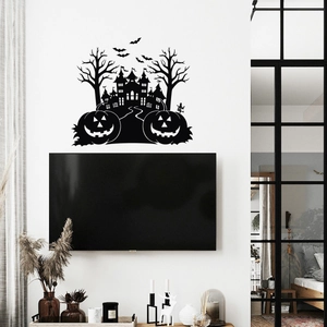 Halloween wall sticker with black castle silhouette, pumpkins, and bats on a white wall