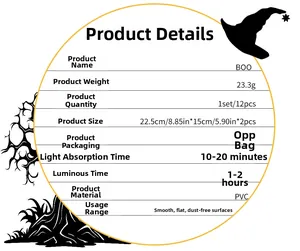 Detailed Halloween BOO glow sticker specs including 12 pieces and 22.5x15cm size