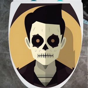 Halloween toilet lid sticker with cartoon skull boy graphic on yellow circle background