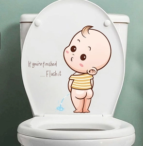 Autocollant de couvercle de WC en PVC imperméable avec dessin de garçon et rappel
