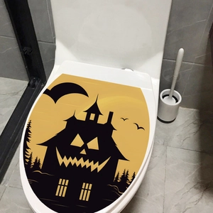 Halloween toilet seat lid sticker with yellow haunted house and pumpkin silhouette decor