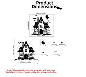 Detailed size chart for Halloween wall stickers with haunted castle and bats dimensions