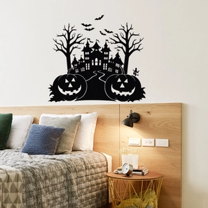 Halloween wall sticker with haunted castle, bats and pumpkins for home decor