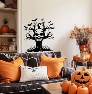 Halloween wall sticker featuring skull tree branches and flying bats in a cozy room set