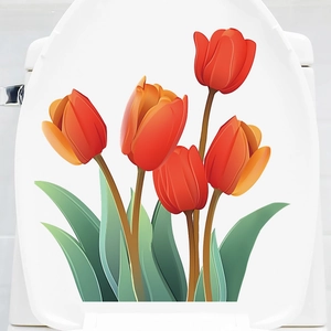 Waterproof self-adhesive red tulip flower stickers for bathroom toilet seat decoration
