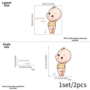 Guide des tailles pour stickers de toilette affichant des dimensions de 29x29cm