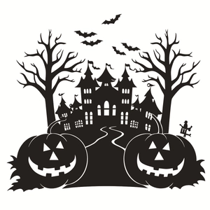 Halloween wall sticker with haunted castle, pumpkins, bats and witch silhouette