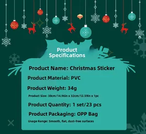 Specifications for PVC Christmas tree wall stickers featuring 23 pieces in 38x32cm size