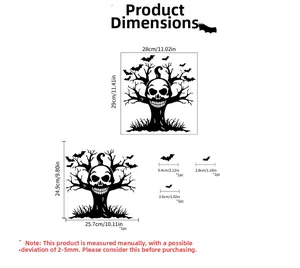 Detailed size chart for Halloween wall stickers showing tree and bat decal dimensions