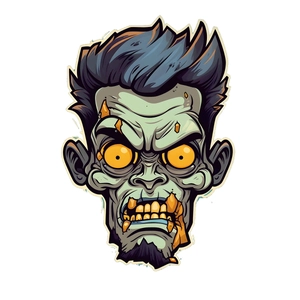 Cartoon zombie head sticker with blue hair and green skin for Halloween party decoration