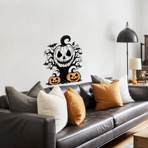 Halloween wall sticker featuring a skull pumpkin and bats for home festive decoration