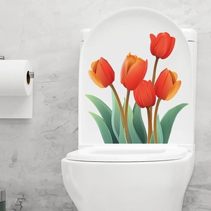 Waterproof self-adhesive toilet lid sticker featuring vibrant red tulip floral decorations
