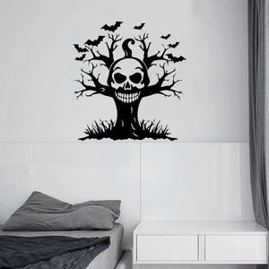 Halloween wall decals with black silhouette spooky tree, bats, and grass for bedroom decor