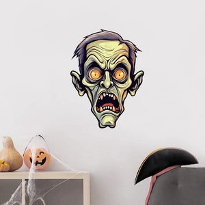 Detail of green zombie wall decal with pumpkin and spider web Halloween decorations