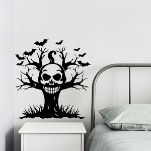 Halloween wall sticker featuring a spooky skull tree and flying bats for bedroom decor