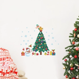 Christmas tree wall stickers set with snowman and gift boxes for festive home decoration