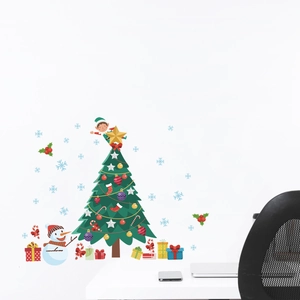 Christmas tree and snowman wall stickers for home office holiday party decoration