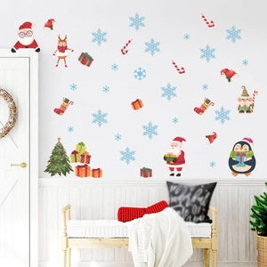 Stickers Muraux de Noël Dessin Animé Père Noël Renne Pingouin Flocons de Neige PVC Décalcomanie Fenêtre Maison Déco