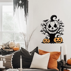 Halloween wall sticker with black tree silhouettes and orange pumpkin lanterns decor