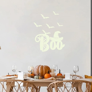 Luminous Halloween wall stickers featuring Boo text and bats for festive party home decor