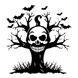Halloween scary tree silhouette wall sticker with skull and bats on white background