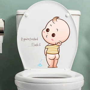 Autocollant de Couvercle de Toilettes Petit Garçon Humour Imperméable en PVC Amovible Décoration de Salle de Bain