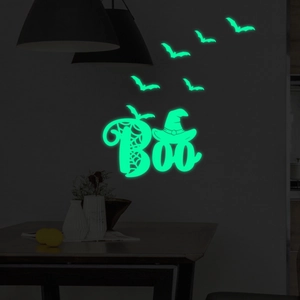 Luminous Halloween wall stickers featuring glowing Boo lettering and bat silhouette shapes
