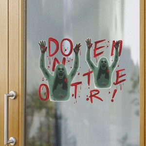 Spooky Halloween door sticker with DO NOT ENTER text and green ghost on a glass door
