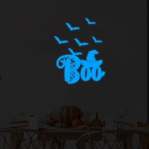 Luminous Halloween wall stickers featuring bats and Boo letters in ice blue glow