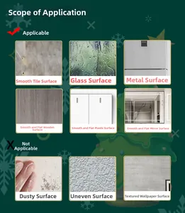 Guide showing adhesive sticker application on tile, glass, metal, and wood surfaces