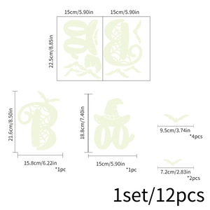 Luminous Halloween wall stickers set with BOO letters, witch hat and bat shapes
