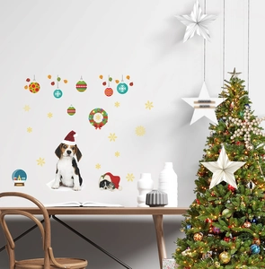 Detailed Christmas wall decals with beagle dog and colorful hanging ornaments on white wall