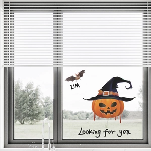 Adesivo per finestra Halloween con zucca strega, pipistrello e scritta decorativa