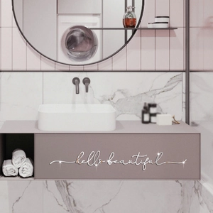 Detail of hello beautiful mirror acrylic wall sticker with reflective gloss finish
