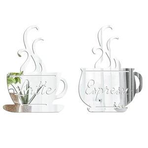 Lot de deux stickers muraux miroir en acrylique motifs tasses à café Latte et Espresso